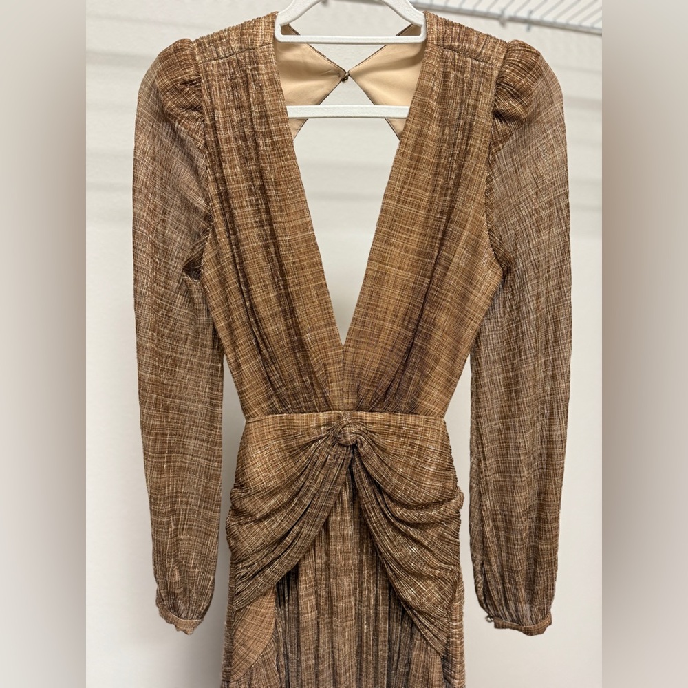 Gianni Bini Hazel Metallic Chiffon V-Neck Long Sleeve Cut Out Dress Sz 4 - Picture 3 of 7